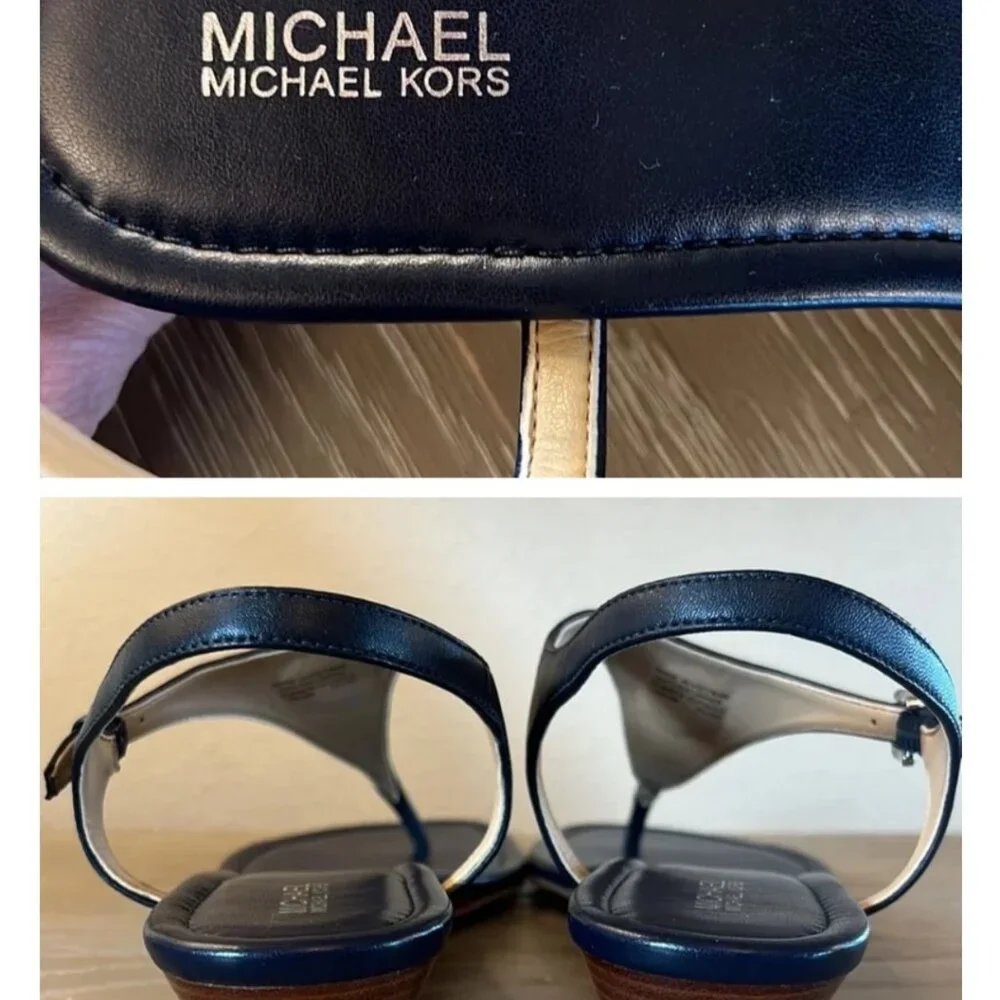 Navy Blue NWT Michael Kors Ramona T-Strap Leather Sandals - Picture 4 of 5